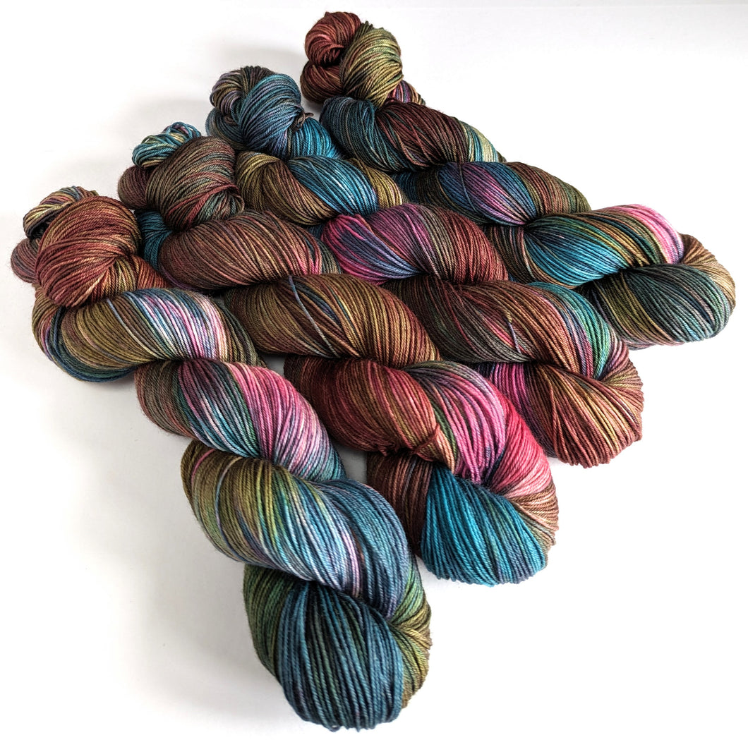 A Frankenskein colourway on superwash Merino/nylon sock yarn.