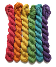 Load image into Gallery viewer, Rainbow mini skeins on baby camel/silk 4ply. Set of 6.
