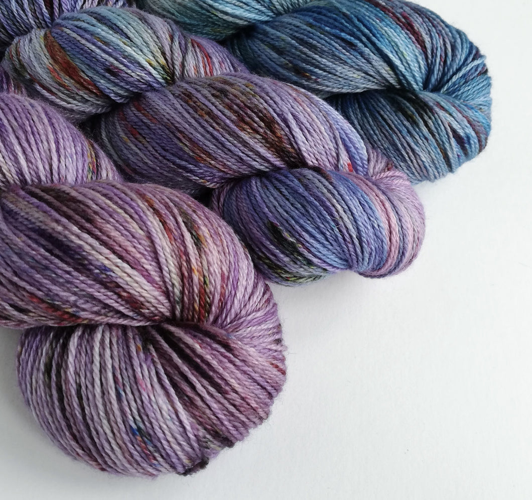 Blue-purple gradient set, on organic merino/silk 4ply yarn. Non-superwash.