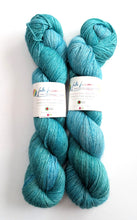 Load image into Gallery viewer, Teal/greens on alpaca/silk/cashmere 4ply/fingering weight.
