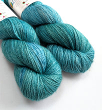 Load image into Gallery viewer, Teal/greens on alpaca/silk/cashmere 4ply/fingering weight.
