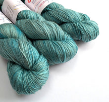 Load image into Gallery viewer, Turquoise on baby camel/silk 4ply/fingering weight yarn.
