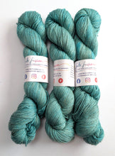 Load image into Gallery viewer, Turquoise on baby camel/silk 4ply/fingering weight yarn.
