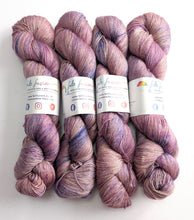 Load image into Gallery viewer, Lavender Splash on baby camel/silk 4ply/fingering weight yarn.
