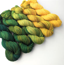 Load image into Gallery viewer, Green - gold gradient yarn set, on superwash BFL/nylon sock/4ply yarn.
