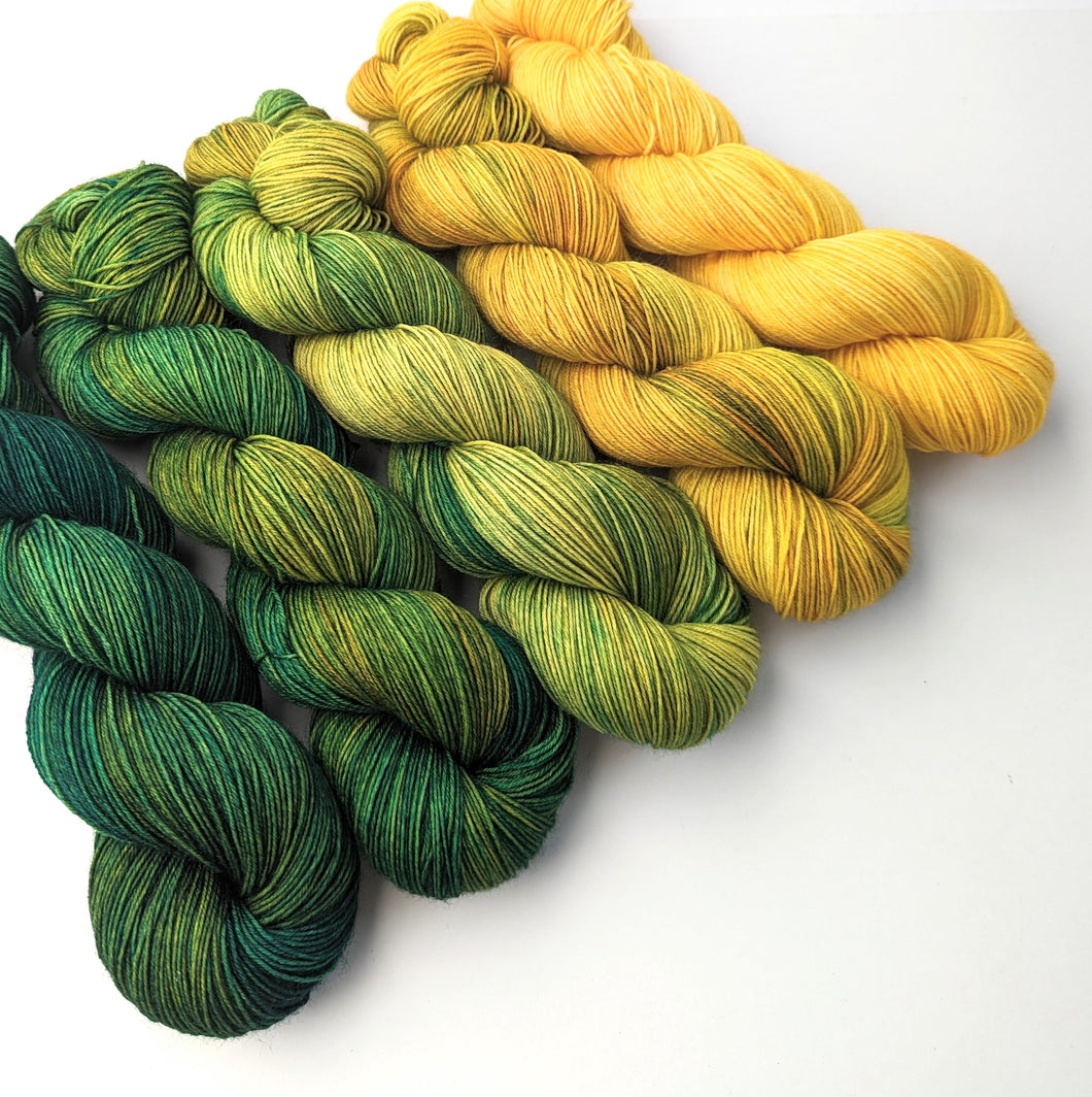 Green - gold gradient yarn set, on superwash BFL/nylon sock/4ply yarn.