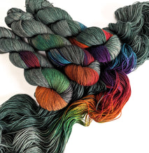 Load image into Gallery viewer, Dark Winter Rainbow, on superwash merino/yak/nylon sock yarn.
