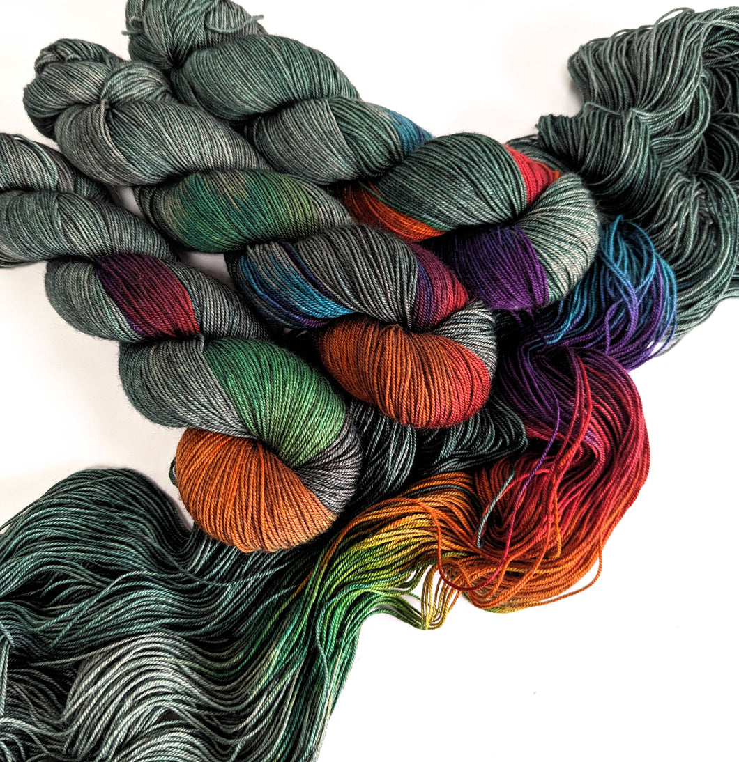 Dark Winter Rainbow, on superwash merino/yak/nylon sock yarn.