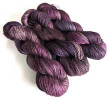 Load image into Gallery viewer, Purples on superwash merino/silk/yak 4ply singles. 120g.
