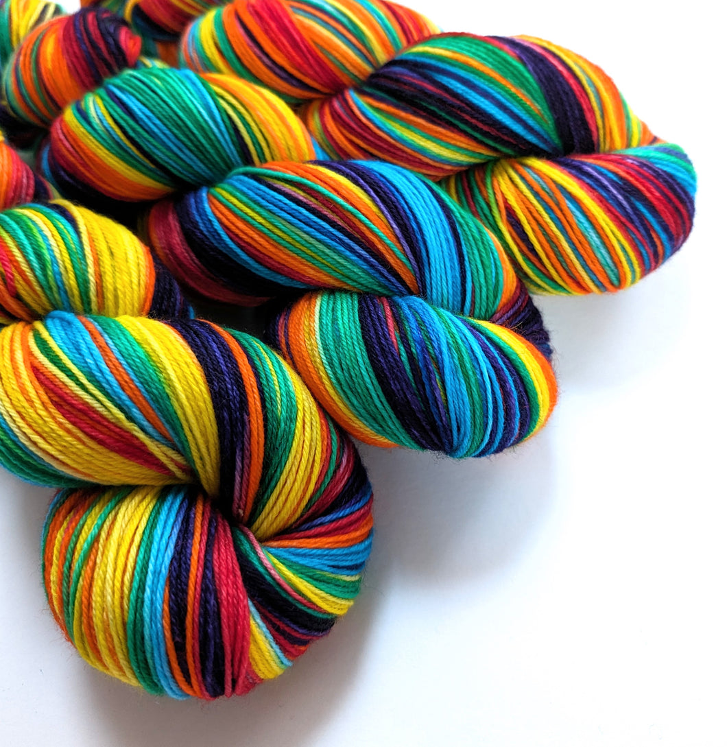 Rainbow on superwash merino/cashmere/nylon sock yarn.