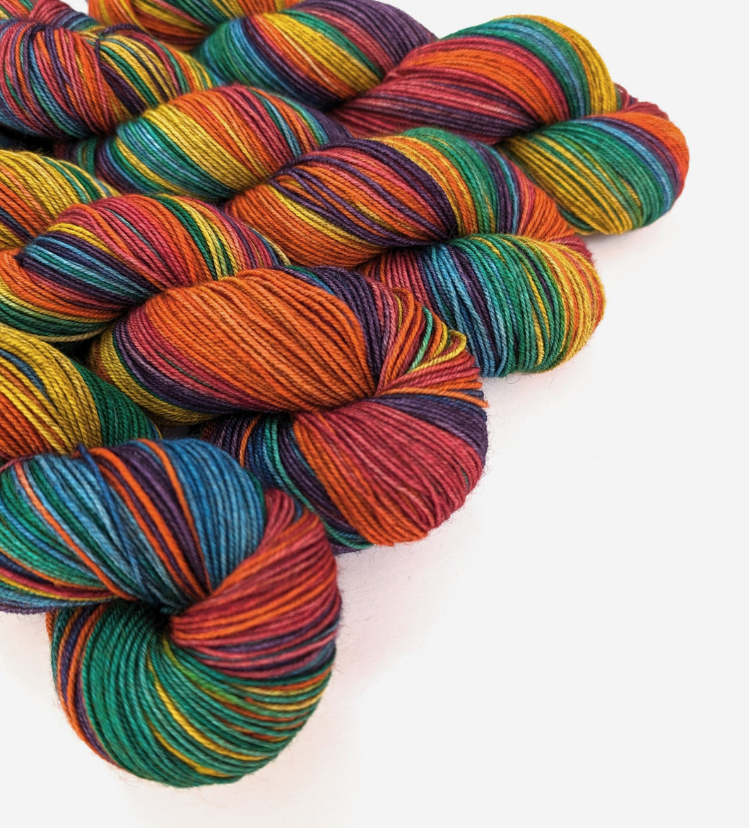 Rainbow on superwash Merino/yak/nylon sock yarn.