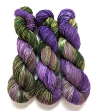 Load image into Gallery viewer, Witchy Woman hand dyed on superwash Merino/nylon/sparkle sock yarn.
