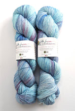 Load image into Gallery viewer, Blues and Pinks, on superwash merino/nylon sock yarn.
