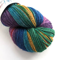 Load image into Gallery viewer, Wintertime Rainbow on yak sock yarn.
