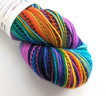 Load image into Gallery viewer, Wintertime Rainbow on high twist superwash merino/nylon &quot;Zebra&quot; sock yarn.
