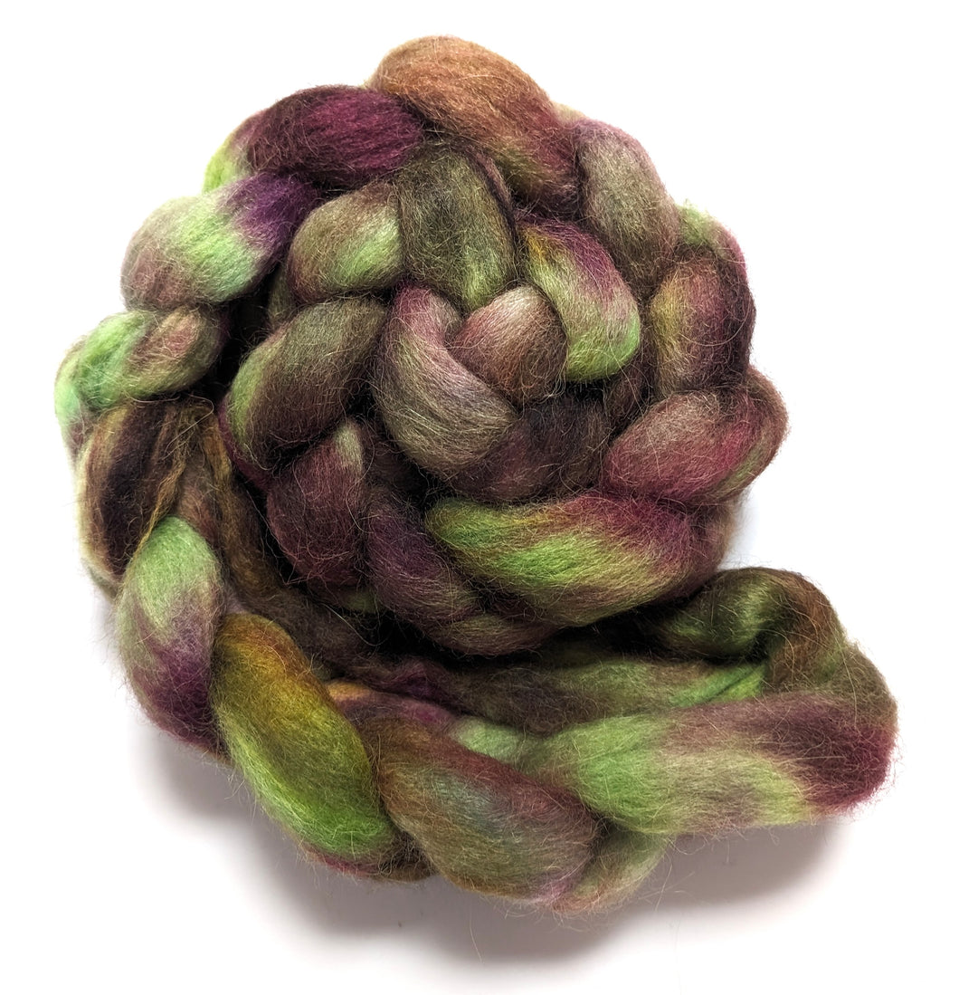Greens and maroon, on Falklands Corriedale fibre.