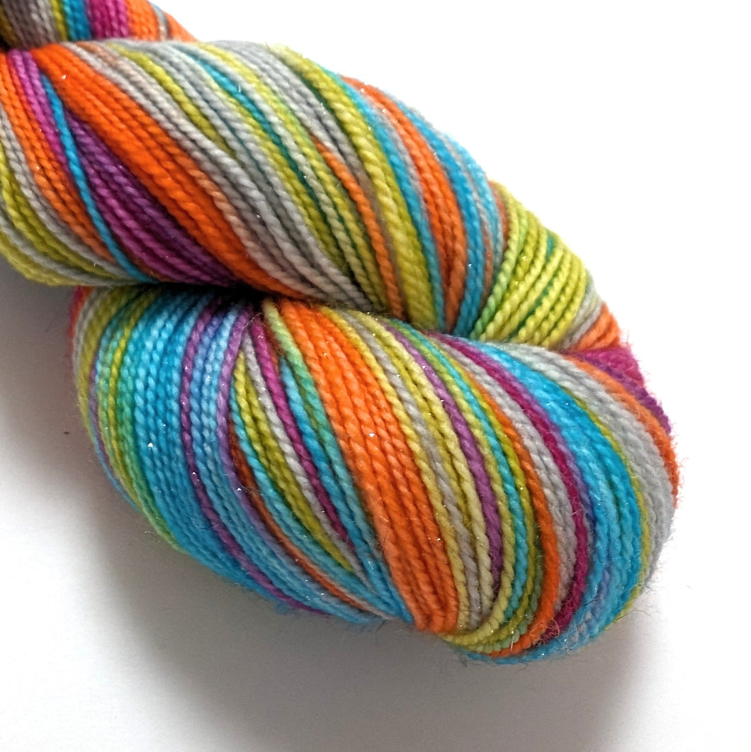 Tizzy on superwash Merino/nylon/sparkle sock yarn.