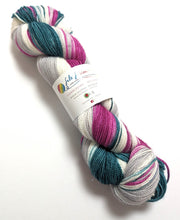 Load image into Gallery viewer, Sugar Plum on superwash merino/nylon/sparkle sock yarn.
