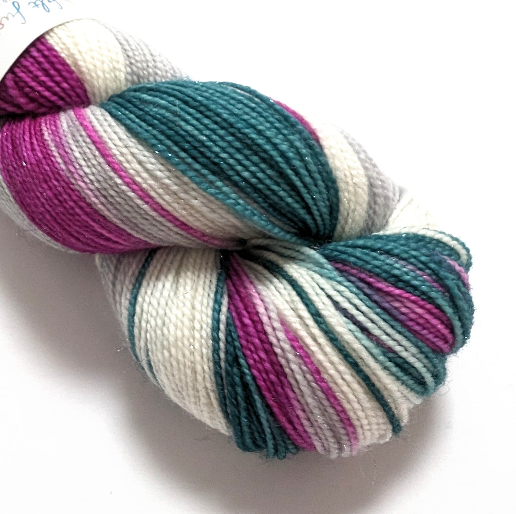 Sugar Plum on superwash merino/nylon/sparkle sock yarn.
