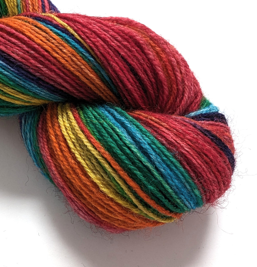 Rainbow, hand dyed on Exmoor sock yarn.