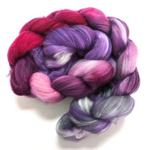 Load image into Gallery viewer, Purples and grey on superwash Polwarth/nylon fibre.
