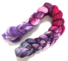 Load image into Gallery viewer, Purples and grey on superwash Polwarth/nylon fibre.
