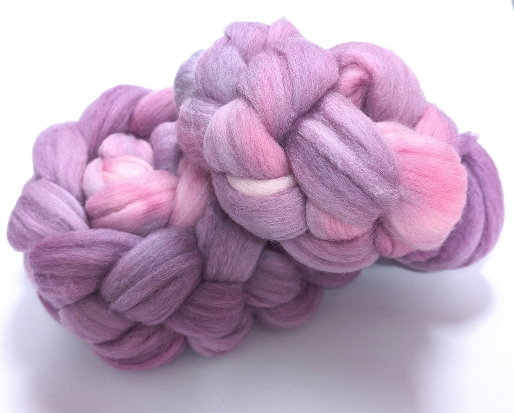 Pinks and purples, on Cormo fibre.