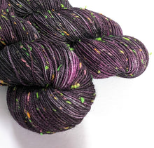 Load image into Gallery viewer, Black Raspberry on superwash merino/neon neps 4ply/fingering weight.
