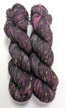 Load image into Gallery viewer, Black Raspberry on superwash merino/neon neps 4ply/fingering weight.
