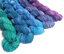 Load image into Gallery viewer, Greens-blues-purples gradient set, choose from sock or DK sets 5 x 50g.
