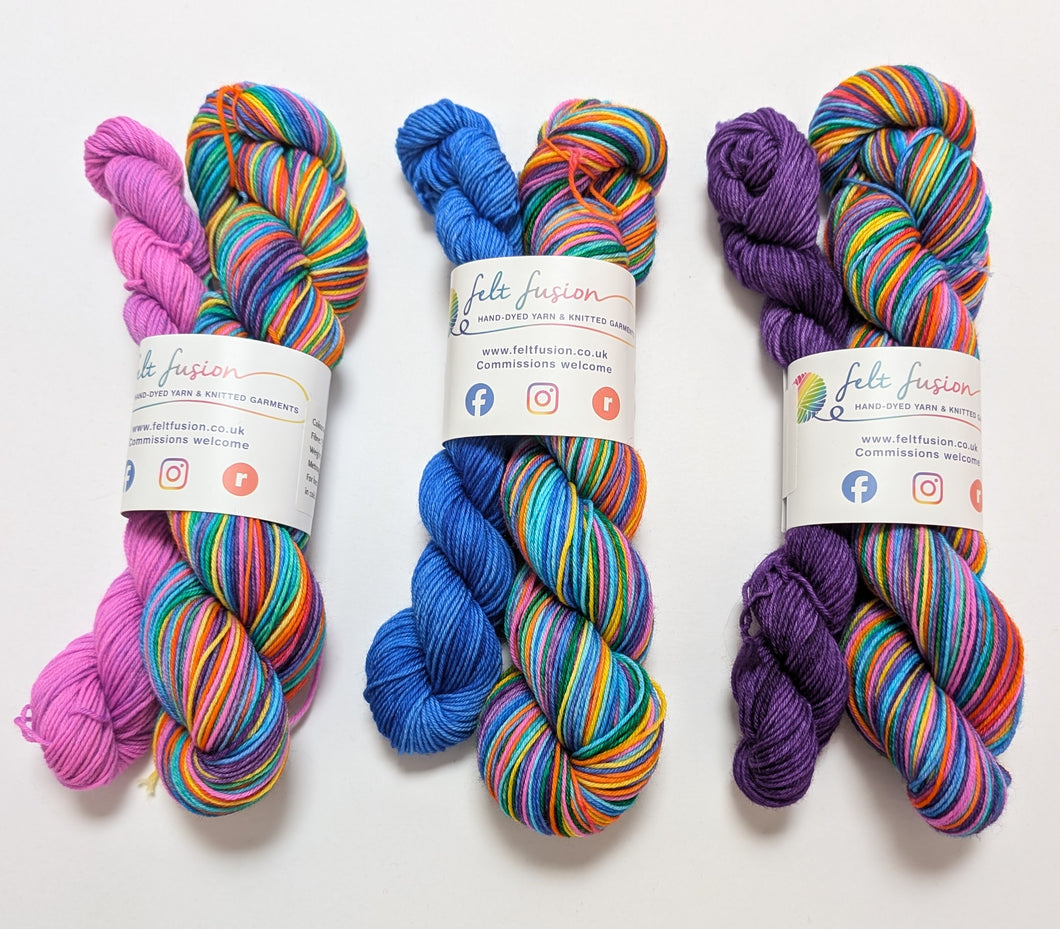 Wintertime Rainbow sock set, on superwash merino/nylon sock yarn.