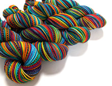 Load image into Gallery viewer, Rainbow on high twist superwash merino/nylon &quot;Zebra&quot; sock yarn.
