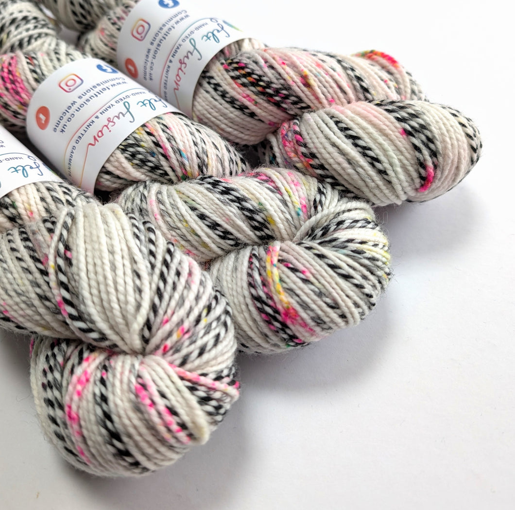  skeins of multicolored yarn with labels on a white background