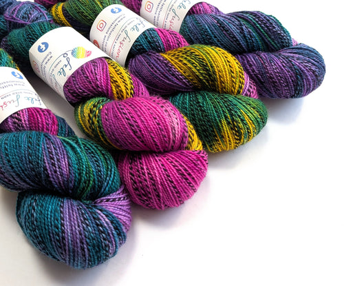 Colorful yarn skeins on a white background