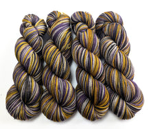 Load image into Gallery viewer, Nevermore on superwash merino/yak/nylon sock yarn.
