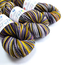 Load image into Gallery viewer, Three skeins of multicolored yarn with labels on a white background
