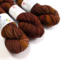 Load image into Gallery viewer, Three skeins of variegated yarn with white paper labels, displayed on a clean white background. The yarn features a rich blend of warm colors including rust red, deep brown, orange, and hints of yellow.
