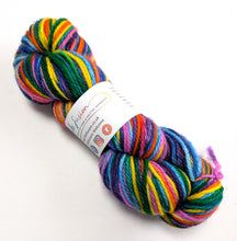 Load image into Gallery viewer, Wintertime Rainbow on superwash merino/cashmere/nylon aran weight yarn.
