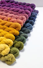 Load image into Gallery viewer, Row of colorful yarn skeins in various shades on a white background
