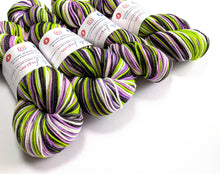 Load image into Gallery viewer, Beetlejuice on superwash Merino crazy 8 DK.
