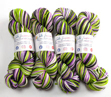 Load image into Gallery viewer, Beetlejuice on superwash Merino crazy 8 DK.
