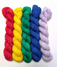Load image into Gallery viewer, Five skeins of colorful yarn in red, yellow, green, blue, and purple on a white background
