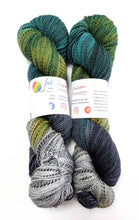 Load image into Gallery viewer, Misty Mountains on high twist superwash merino/nylon "Zebra" sock yarn.
