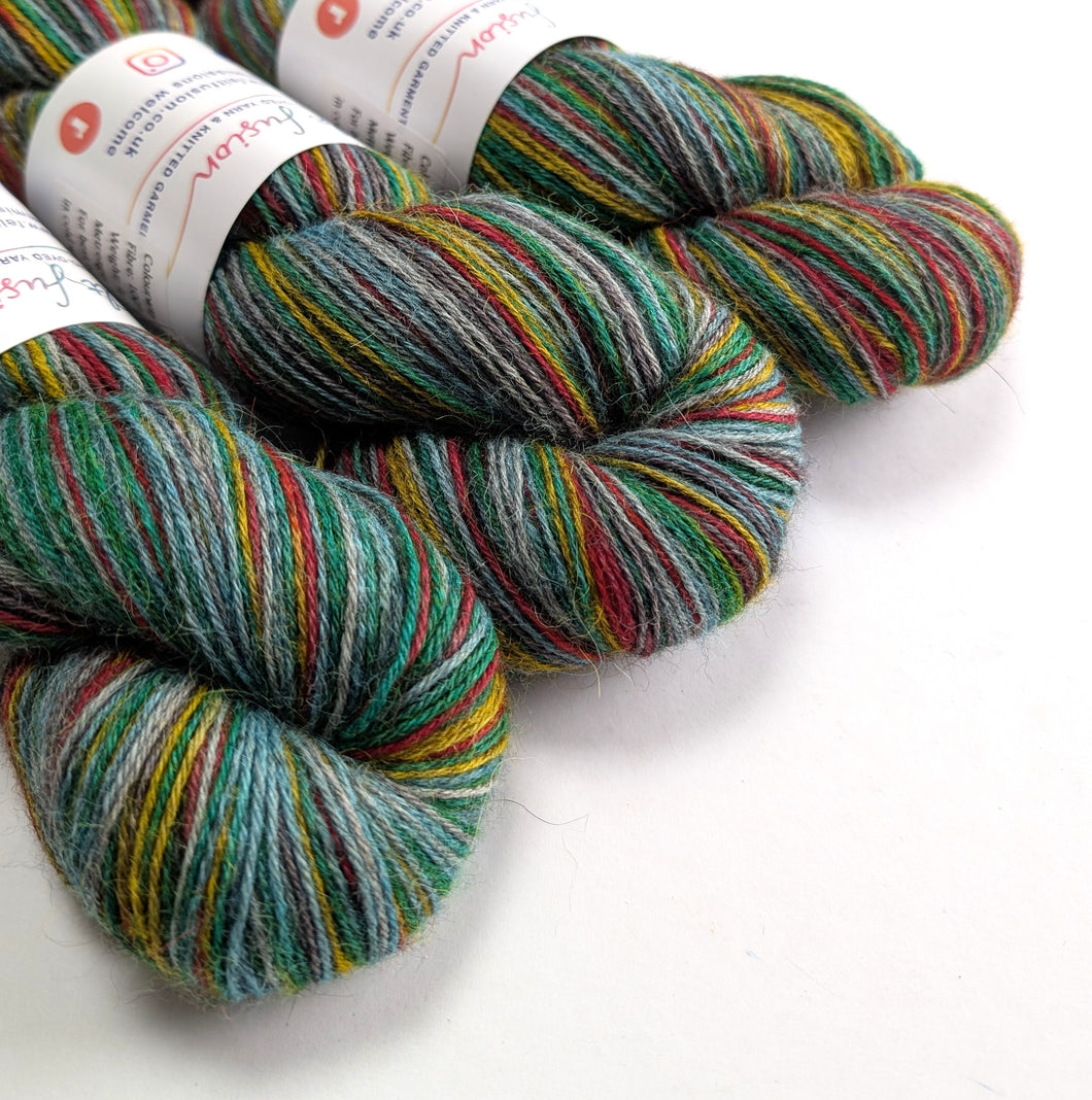 Multicolored yarn skeins on a white background