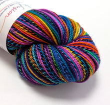 Load image into Gallery viewer, Wintertime Rainbow on high twist superwash merino/nylon "Zebra" sock yarn.
