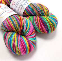 Load image into Gallery viewer, Play That Sax on a Superwash Merino/Nylon/Sparkle sock yarn.

