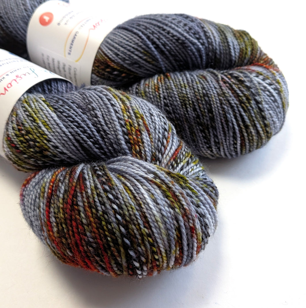 
Two skeins of multicolored yarn on a white background