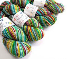 Load image into Gallery viewer, Colorful rainbow yarn skeins with labels on a white background
