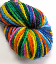 Load image into Gallery viewer, Wintertime Rainbow on superwash merino/cashmere/nylon aran weight yarn.
