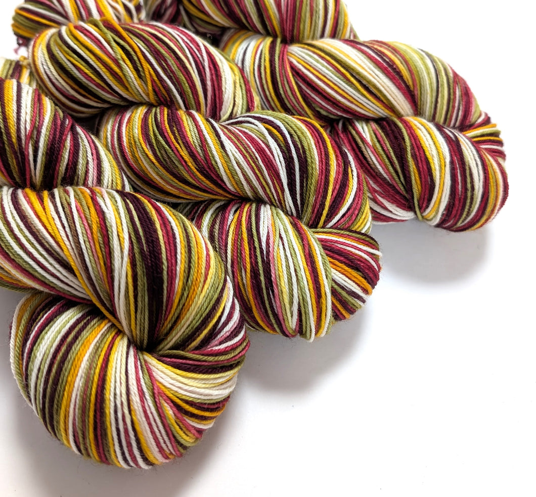 Vintage Christmas on superwash merino/nylon sock yarn.